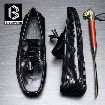 Мужская обувь Bowei из натуральной кожи Повседневная кожаная обувь Мужская обувь Doudou One Pedal Lazy Loafers 38 чёрный