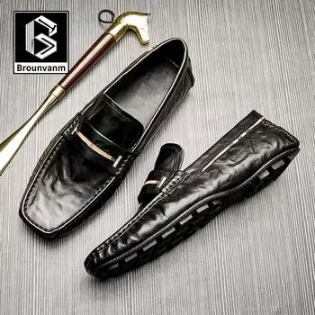 Мужская обувь Bowei из натуральной кожи. Обувь Doudou. Мужская повседневная удобная обувь с мягкой подошвой. Дышащие кожаные туфли Lazy с одной педалью. 38 чёрный