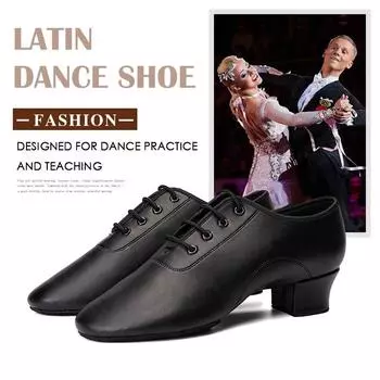Мужская обувь для современных бальных танцев, дышащая черная кожаная обувь на шнуровке для танго 35 чёрный
