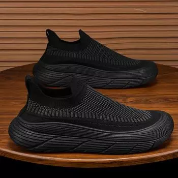 Мужская обувь, дышащие кроссовки без шнуровки, удобные летние спортивные теннисные туфли для мужчин, нескользящие легкие туфли на плоской подошве 39 чёрный