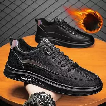 Мужская обувь Флисовые утолщенные кроссовки Мужские универсальные повседневные кожаные туфли с одной педалью Спортивная мода 39