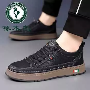 Мужская обувь Hy Woodpecker 2024 года, осень, новые кожаные дышащие повседневные туфли с мягкой подошвой, универсальные туфли для сноуборда с мягкой подошвой, мужские кожаные 38 чёрный