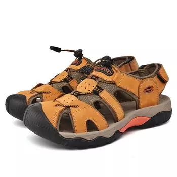 Мужская обувь из натуральной кожи, мужские сандалии, прочная ручная работа, закрытый носок, нескользящая обувь для использования в помещении, на открытом воздухе, на пляже 38 светло-коричневого