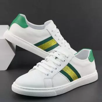 Мужская обувь из натуральной кожи, повседневная обувь, весенние зеленые полосатые туфли для скейтбординга, белые кожаные кроссовки 38 белый