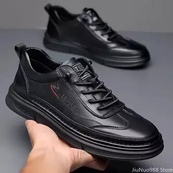 Мужская обувь из натуральной кожи, повседневная обувь, весна-осень, черные туфли для скейтбординга на плоской подошве, кроссовки без застежек 38 чёрный