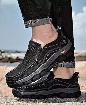 Мужская обувь из натуральной кожи, повседневные лоферы для отдыха на природе, мужские кожаные туфли, мокасины на плоской подошве, прогулочная обувь, нескользящая, дропшиппинг 38 чёрный