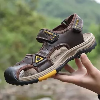 Мужская обувь из натуральной кожи размера плюс 38-46, новые летние мужские сандалии, уличные пляжные сандалии 38 чёрный