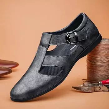 Мужская обувь из натуральной кожи, удобная повседневная обувь, универсальные стильные мужские мокасины, высококачественные мужские сандалии без застежек 37 чёрный