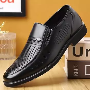 Мужская обувь из резины с мягкой подошвой, нескользящая, из коровьей кожи, дышащая, полая обувь, мужская официальная, мужская кожаная обувь 38 чёрный