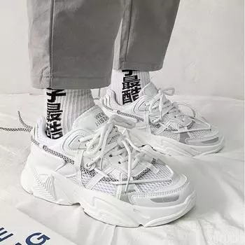 Мужская обувь корейской версии модной студенческой спортивной обуви, мужская повседневная обувь Daddy, мужская летняя обувь на шнуровке с низким верхом для бега 35 белый