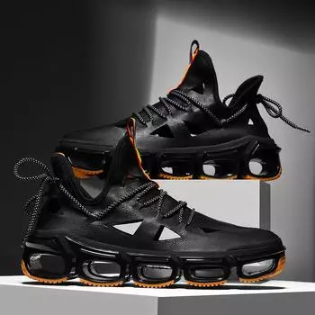 Мужская обувь Кожаные ажурные полые сандалии Новые мужские повседневные туфли Дышащие амортизирующие кроссовки для бега Модные кроссовки 39 чёрный