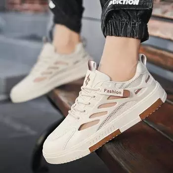 Мужская обувь, летние полые мужские кроссовки, дышащие мужские дизайнерские модные повседневные кожаные туфли в британском стиле, 2024 г., новинка 39 бежевый