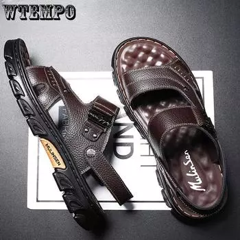 Мужская обувь. Летние сандалии из натуральной кожи. Мужская дышащая универсальная пляжная обувь для вождения. Нескользящая верхняя одежда. 40 чёрный