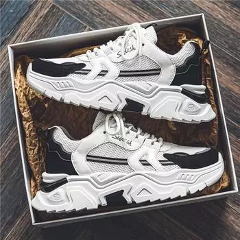 Мужская обувь летняя дышащая 2024 года новая тенденция универсальная молодежная спортивная повседневная толстая подошва увеличивающая рост маленькая белая папина обувь 39