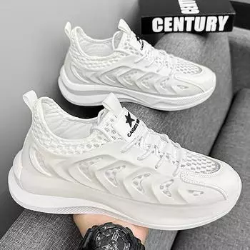 Мужская обувь летняя дышащая 2025 новая сетчатая спортивная обувь сверхлегкая амортизирующая повседневная обувь для бега пара пап обувь 36 белый