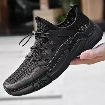 Мужская обувь, летняя дышащая сетчатая обувь, новые большие размеры, полые дышащие сетчатые спортивные туфли с одной педалью 38 чёрный