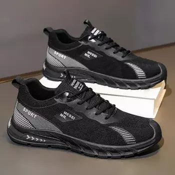 Мужская обувь Лето 2024 Новая сетчатая дышащая летающая тканая спортивная повседневная мужская нескользящая износостойкая черная рабочая модная обувь 39 чёрный