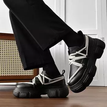 Мужская обувь на толстой подошве, увеличенная высота, осенняя, повседневная, удобная, нескользящая, на шнуровке, на платформе, корейская, из искусственной кожи 2025 39 чёрный
