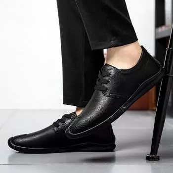 Мужская обувь на весну и осень. Натуральная кожа. Деловые повседневные кожаные туфли с круглым носком. Кожа коровья. Воздухопроницаемые, удобные, на шнуровке, с низким верхом и мягкой подошвой. 38 чёрный
