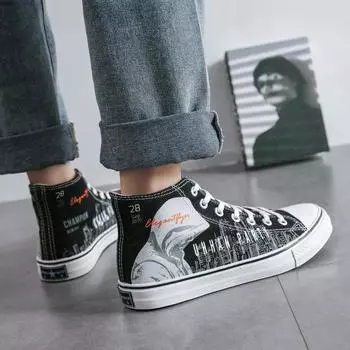 Мужская обувь. Новые весенние парусиновые туфли с высоким берцем в стиле граффити. Мужские студенческие сетчатые красные туфли. Мужская модная обувь. Мужские туфли-доски Gao Bang. 39