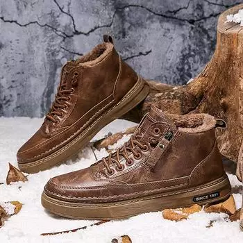 Мужская обувь, новые зимние высокие военные ботинки, теплая повседневная обувь с флисовой подкладкой и подкладкой, универсальная рабочая непромокаемая кожаная обувь 44 чёрный