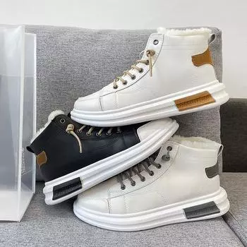 Мужская обувь осень зима 2024 новые высокие кроссовки мужские кожаные повседневные туфли плюшевые теплые белые ботинки на платформе Zapatos De Hombre 39 чёрный