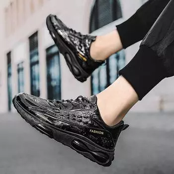 Мужская обувь осень-зима, новые модные кроссовки с кожаной поверхностью, легкие, нескользящие и износостойкие, с рисунком под крокодила, универсальные 39 чёрный