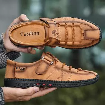 Мужская обувь ручной работы, повседневная обувь из спилка, мужские лоферы на липучке, осенняя обувь на плоской подошве, большие размеры 38-47 38 хаки