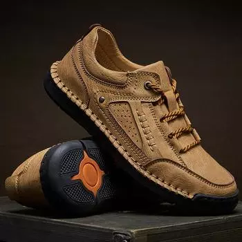 Мужская обувь ручной работы в стиле ретро для отдыха, повседневная обувь больших размеров, кожаная, с резиновой подошвой, повседневная обувь ручной работы ( 38 чёрный