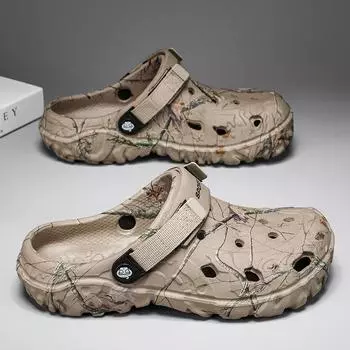 Мужская обувь с дырочками, лето 2024, новая уличная нескользящая пляжная обувь, индивидуальные уличные тапочки двойного назначения с мягкой подошвой и закрытым носком, мужские тапочки 40 хаки