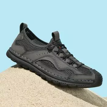 Мужская обувь с сеткой, новые летние нескользящие универсальные универсальные слипоны с закрытым носком, противоударные дышащие кроссовки с мягкой подошвой, повседневная обувь 38 чёрный