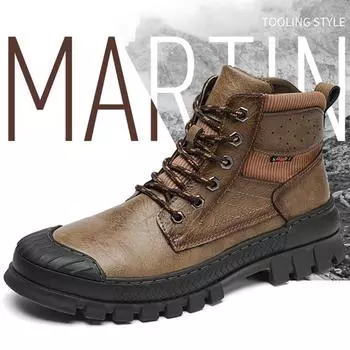 Мужская обувь Сапоги Уличные рабочие ботинки Кожаные ботинки большого размера с высоким берцем Кожаные ботинки на толстой подошве Большие хлопковые ботинки 39 чёрный