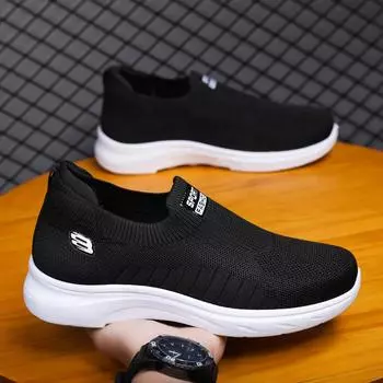 Мужская обувь удобная, трикотажная обувь, дышащая мужская повседневная обувь, новая весенняя подошва из говяжьих сухожилий, ленивая педаль. 39 чёрный