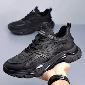 Мужская обувь Универсальная однотонная спортивная обувь Модные повседневные кроссовки на шнуровке Кроссовки для бега из натуральной кожи с сетчатым узором 38 чёрный
