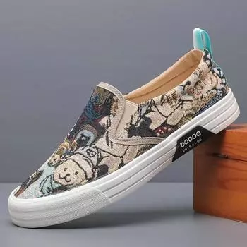 Мужская обувь Весенняя мода парусиновая повседневная обувь Мужская трендовая обувь с принтом медведя на плоской подошве для скейтбординга Молодежная мужская обувь без застежек для мужчин 39