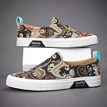 Мужская обувь Весенняя мода парусиновая повседневная обувь Мужская трендовая обувь с принтом медведя на плоской подошве для скейтбординга Молодежная мужская обувь без застежек для мужчин 39 зелёный