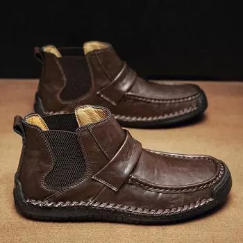Мужская обувь Высокие кожаные ботинки Флисовые теплые ботинки Челси 38 коричневый