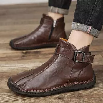 Мужская обувь Высокие кожаные ботинки Флисовые теплые ботинки Челси 38 коричневый