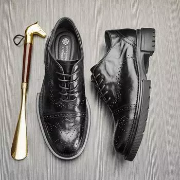 Мужская обувь в британском стиле, повседневные кожаные туфли, круглые дышащие деловые туфли, черные модные туфли на шнуровке 38 чёрный