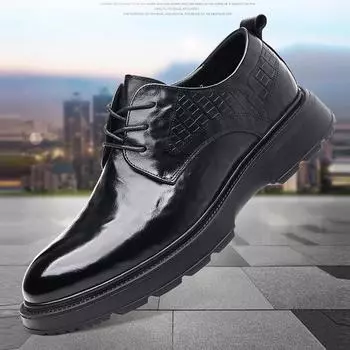 Мужская обувь весна 2024 новые кожаные универсальные деловые повседневные туфли в британском стиле мужские кожаные туфли на платформе с круглым носком 38 чёрный