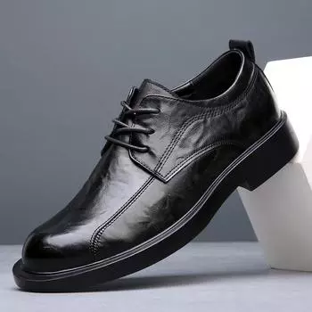 Мужская обувь весна 2025 дышащая новая трендовая повседневная обувь на платформе британские деловые мужские туфли с большой головой из натуральной кожи 38 чёрный