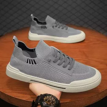 Мужская обувь весна 2025 новые сетчатые дышащие тонкие летающие плетеные кроссовки для скейтборда мягкие подошвы на одну ногу спортивная обувь тренд 39 бежевый