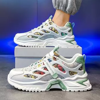 Мужская обувь весна 2025 новый тренд молодежная повседневная спортивная обувь высокая чувственная толстая подошва усиливающая цветочная ткань папины туфли 39