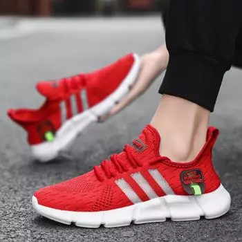 Мужская обувь весна и лето новые сетчатые дышащие кроссовки для бега попкорн удобные мягкие подошвы летающие тканые кроссовки 39 красный