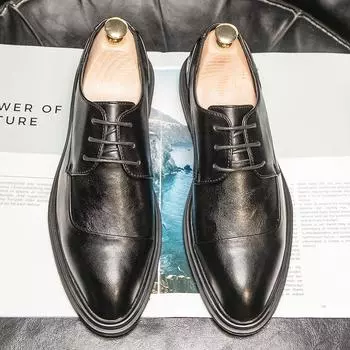 Мужская обувь весна и осень мужская повседневная обувь корейская версия модные трендовые туфли одинарные туфли на шнуровке дышащие кожаные туфли мужские 3092-S 42 чёрный