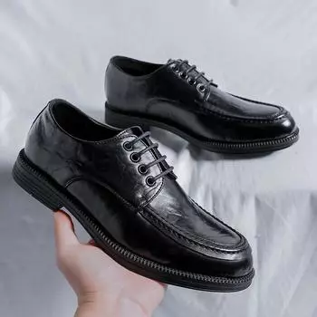 Мужская обувь весна и осень новые мужские повседневные туфли корейской версии модные трендовые туфли на шнуровке дышащие кожаные туфли мужские 9122-R 38 чёрный