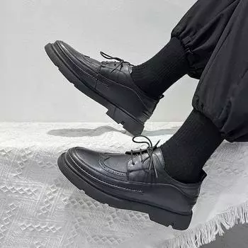 Мужская обувь весна-осень, деловая британская повседневная дышащая кожаная обувь, модные черные шапочки с круглым носком 1053-T 41 чёрный