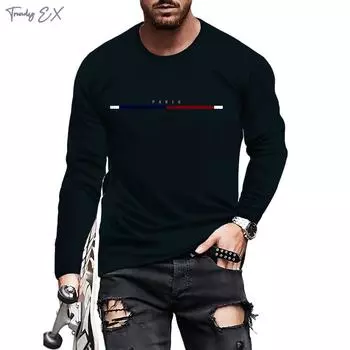 Мужская одежда 2024 года, однотонные футболки с графическим принтом, уличная мода, футболки с круглым вырезом, топы, спортивные футболки с длинным рукавом для мужчин S