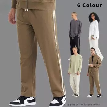 Мужская одежда | 4 Весенне-осенний свитер из хлопковой махровой ткани, повседневные брюки, контрастные модные брюки с двумя полосками в тон S темно-синий