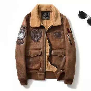 Мужская одежда больших размеров, мотоциклетная одежда, меховой интегрированный американский ретро-лацкан, летный костюм на флисовой подкладке, кожаное пальто M